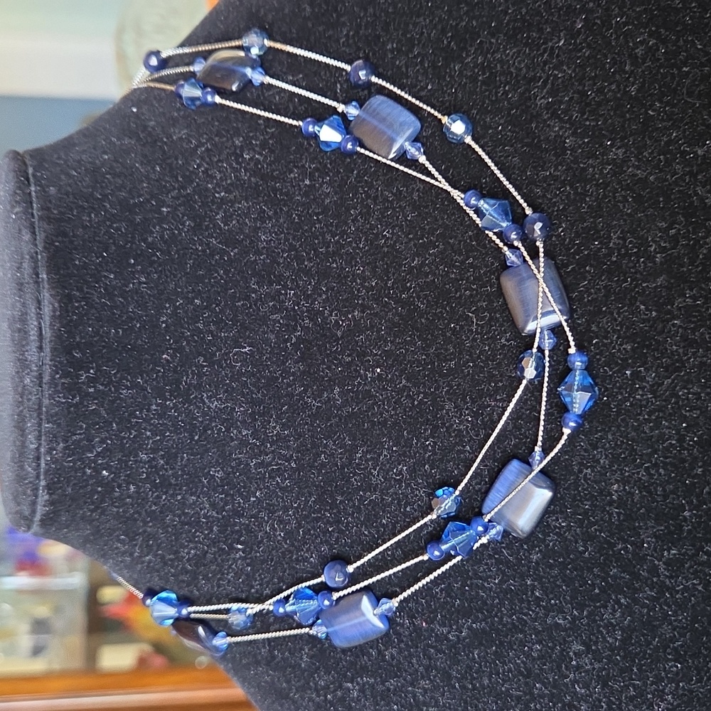 Lia Sophia Cobalt Blue Art Glass Three Strand Silver Tone Necklace